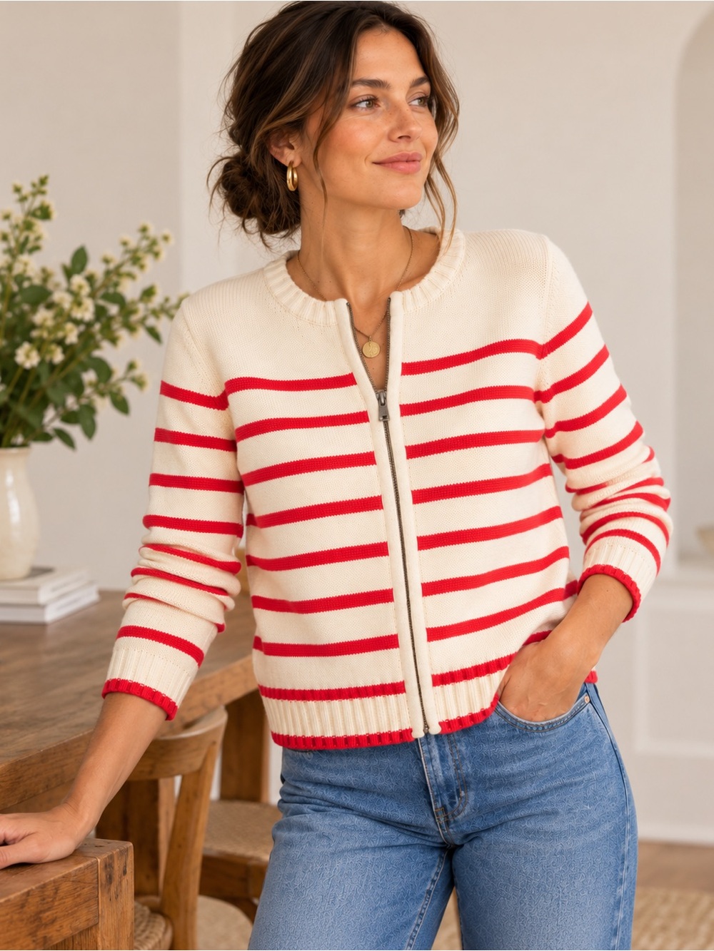 Boden | Cotton Breton Zip Cardigan | Ivory Red Large